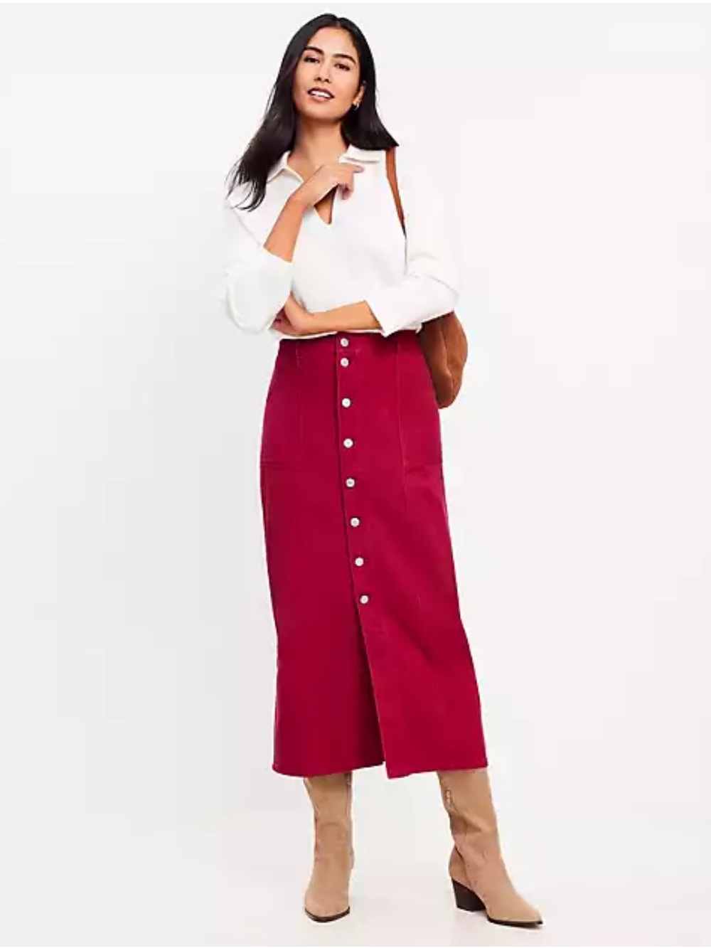 Loft Crimson Button-Front Midi Skirt